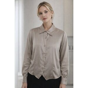 Y2K Silk Button Up Blouse Medium Beige Office Siren Old Money Minimalist Satin